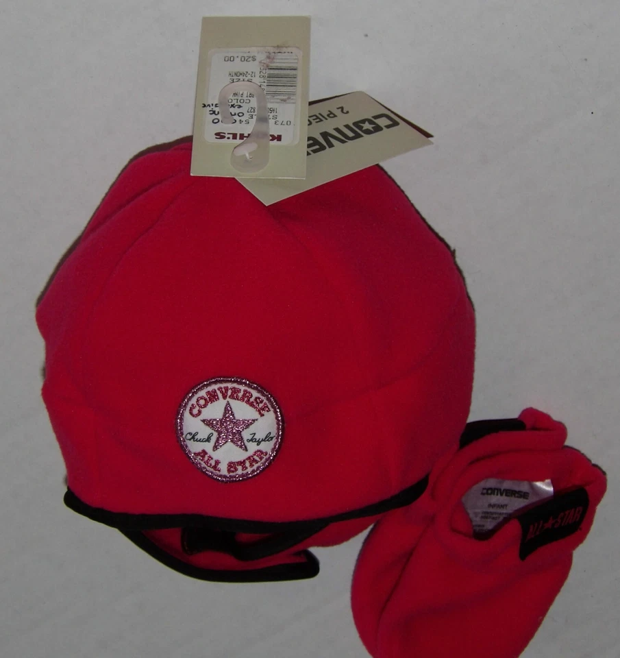 NOVO COM ETIQUETAS Conjunto de Chapéu e Luvas de Lã Rosa CONVERSE Bebê Menina TAM12-24M Varejo $20 - Imagem 3 de 4