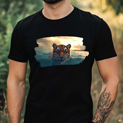 Mens Tiger Swimming In The Sea Motif Cotton T-Shirt Size XS to 5XL