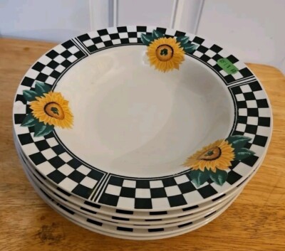 Set of 6 salad/soup bowls by Tabletops Unlimited/checkered,    sunflowers