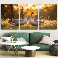 3pcs White Geese Painting Farmyard Bird Summer Metal Print Ready to Hang Art