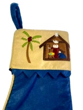 CHRISTMAS STOCKING MANGER  NATIVITY SCENE PALM TREE BLUE &TAN FELT 19" - NEW