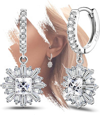 White Flower Sterling Silver CZ Hoop Dangle Earrings Jewelry Gifts for Women