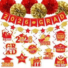 Red and Gold Graduation Decorations, 2026 Grad Banner Congrats Red gold