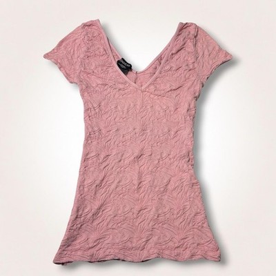 Y2K Fitted Bebe Dusty Pink Ruched Textured Lace V Neck Top