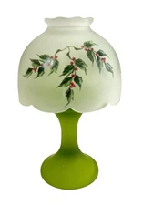 Westmoreland Satin Glass Holly & Berry Tall Fairy Lamp w/Green Base