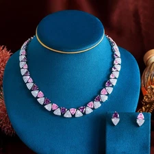 Top Silver Plated CZ Pink Purple Triangles Wedding Necklace Earrings Jewelry Set