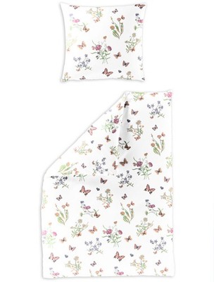 Bierbaum Mako Satin Bettwäsche Weiß Blumen Schmetterlinge 135x200 mit 80x80 cm