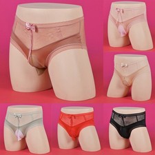 Ice Silk Sheer Lace Men's Briefs Glossy Pouch Breathable Underwear Red XL
