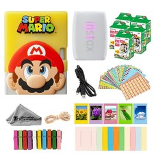 Fujifilm Instax Mini Link 3 Clay White Bundle w/ Super Mario Case 5 Packs Film