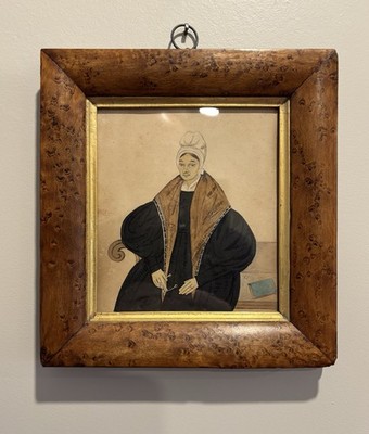 Important Folk Art  Antique Watercolor Puffy Sleeve Portrait Mid- 19th Ct