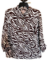 Chico s 100 Linen Zebra Print Safari Jacket Size 2 Large Brown White Pockets