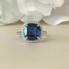 2Ct Lab-Created Blue Sapphire Women's Halo Engagement Ring 14K White Gold Finish