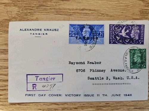Tangier KGVI 1946 Victory set of 2 on First Day cover FDC To UsA D