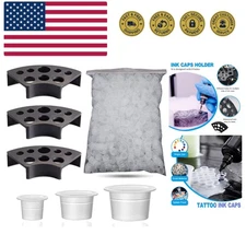 303Pcs Tattoo Ink Caps Kit - 3Pcs Black Tattoo Ink Cups Holder with 300Pcs Ta...