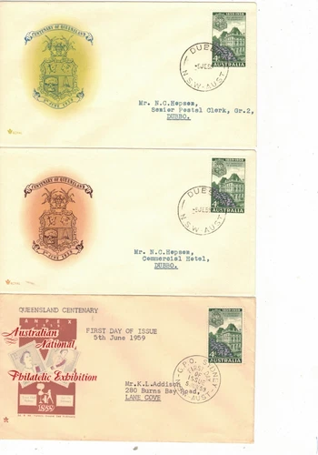 Australia 1959 4d Queensland FDCs,cds DUBBO, MERRYLANDS  etc        (5 Covers)