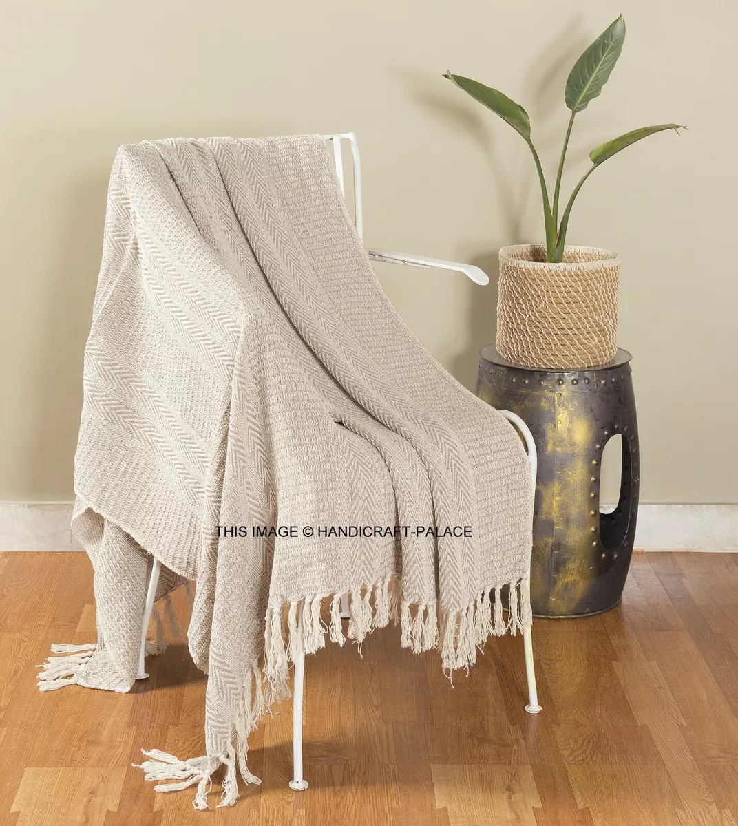 Cotton Beige Tassel Throw Woven Soft Warm Throw Blanket Reversible