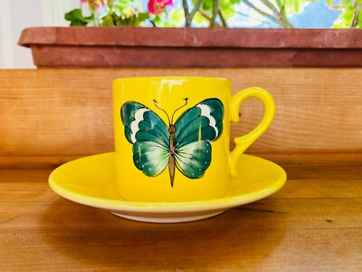 Vintage Este for Neiman Marcus Bright Yellow Butterfly Cups & Saucers Never Used