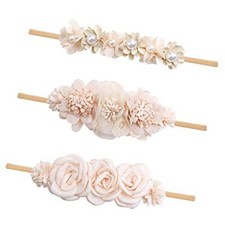 3pcs Baby Girl Flower Headbands, Super Soft  Stretchy Nylon Floral Beige