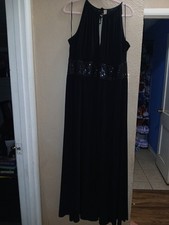 R M RICHARDS Royal Black Sleeveless Long Gown Beaded Waist Keyhole Size 16 Party