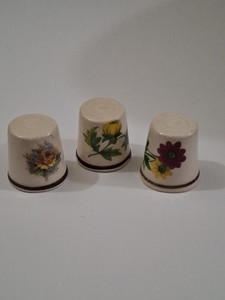Three Ceramic Thimbles Red  Yellow & Blue Flower Decals Holland