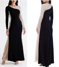 XSCAPE Black Sheer Nude Two-Tone Long Beaded Stretch Jersey Knit Gown Dress 8