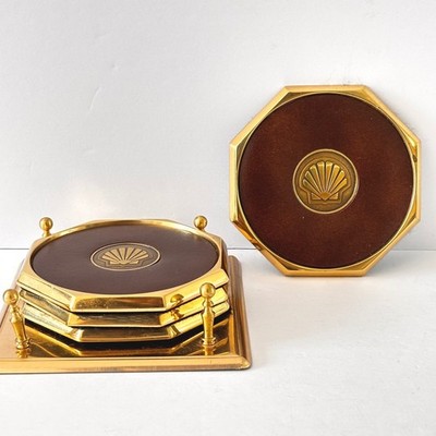 Vintage Brass and Leather Octagon Coasters Set 4 Scallop Shell Stand Coastal