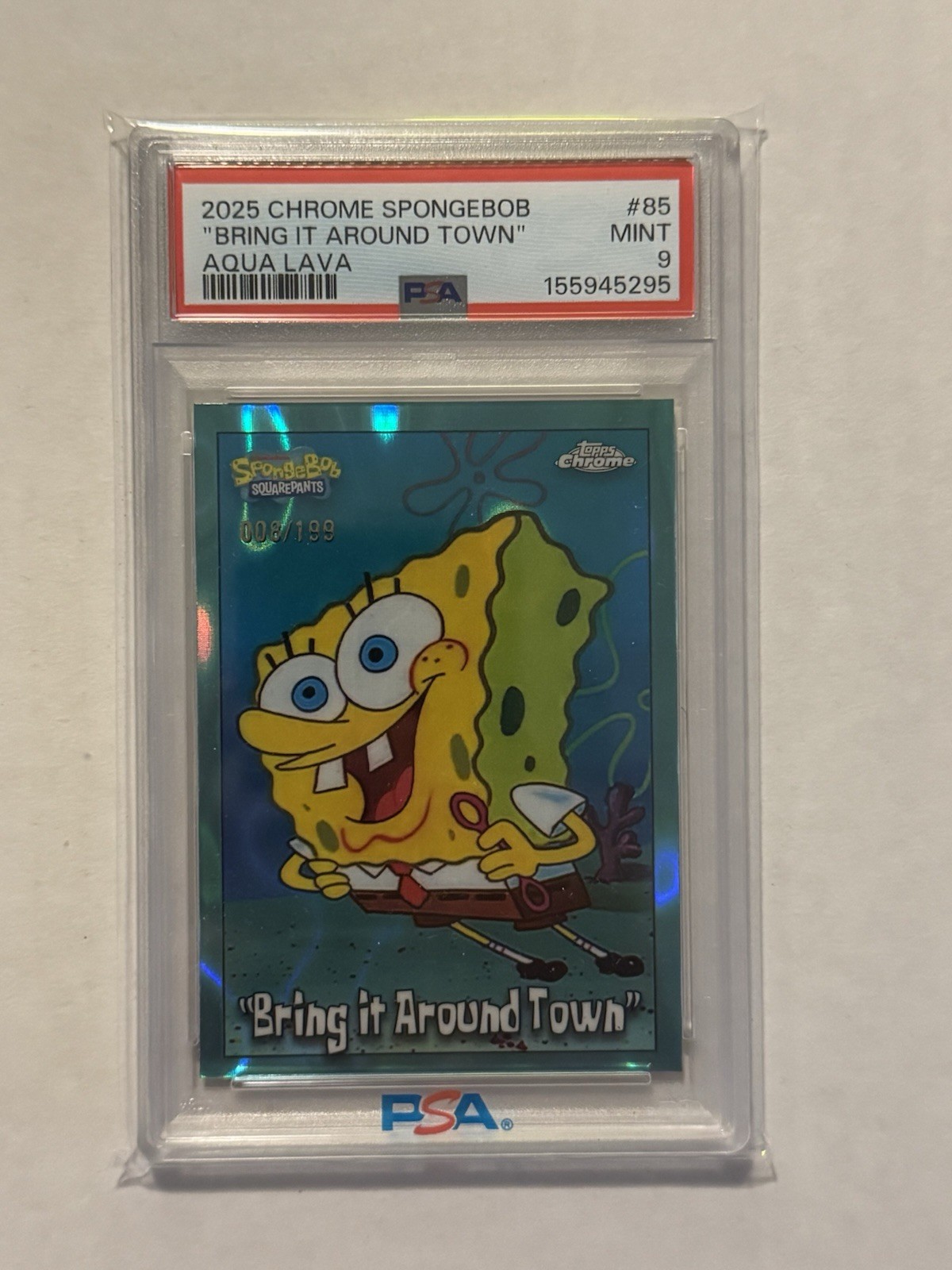 2025 Topps Chrome SpongeBob Bring It Around Town Aqua Lava Refractor /199 Psa 9 view 1