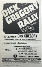 1968 DICK GREGORY FREEDOM PEACE PARTY RALLY FLYER NEW YORK TOWN HALL COLLECTIBLE