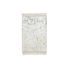2'x3' Ivory Modern Hand Knotted Pure Silk Textured Tone on Tone Mat Oriental Rug
