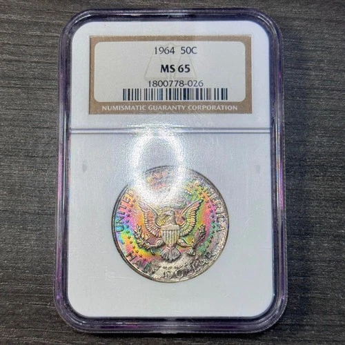 MS65 1964 50C Kennedy Silver Half Dollar, NGC- Vivid Rainbow Toned