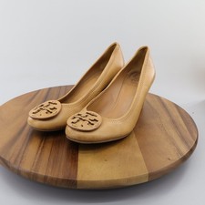 Tory Burch Women's Size 9 Tan Camel Leather Logo Medallion Wedge Pumps Heels