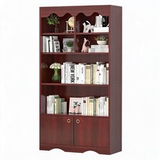 63" 5-Tier Freestanding Bookcase with Doors  Shelves, Modern Wood Storage Unit