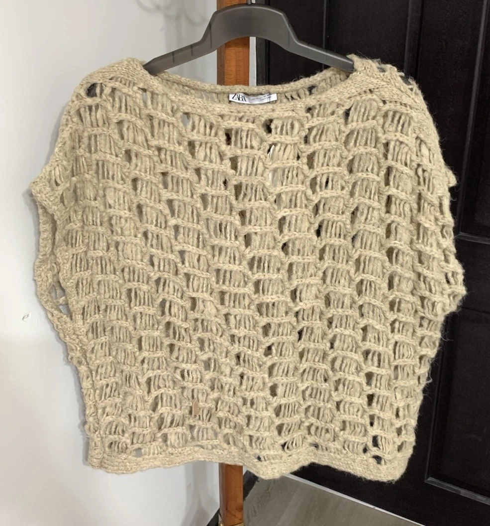 ZARA Open Knit Chunky Knit Sweater Vest Boxy Oversized Beige Cream M-L NWT