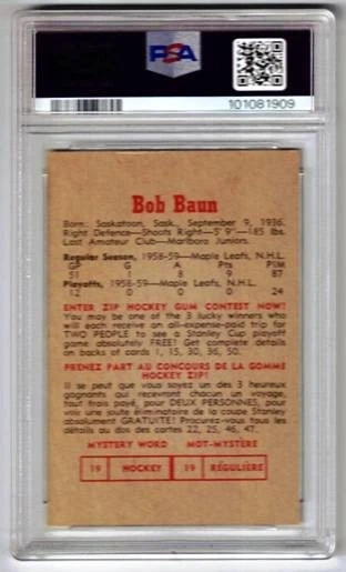 1959-60 Parkhurst Hockey #21 Bob Baun Toronto Maple Leafs PSA 5 New Grading - Image 2 of 2