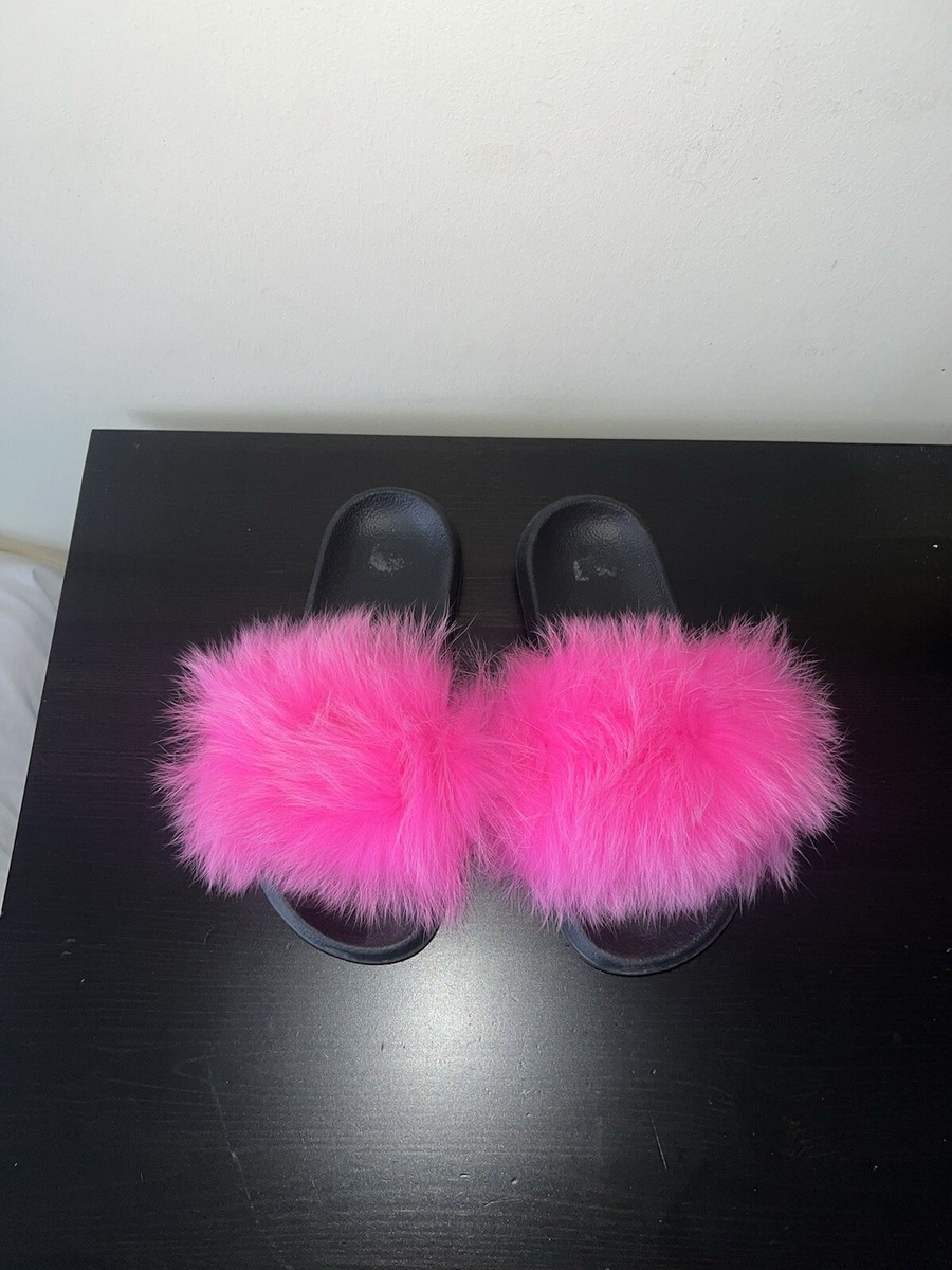 Hot Pink Real Fox Fur Sliders Slides UK