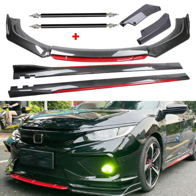 Carbon Fiber Look Red Front Lip Chin Bumper Side Skirt For Honda Civic SI H