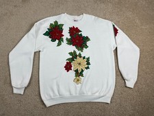 Vintage Hanes Pullover Sweatshirt Mens Large Crewneck Floral Embroidered White