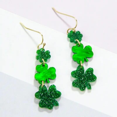 Fashion Women Glitter Acrylic Green Clover Gems Drop Earrings Good Luck Gift New