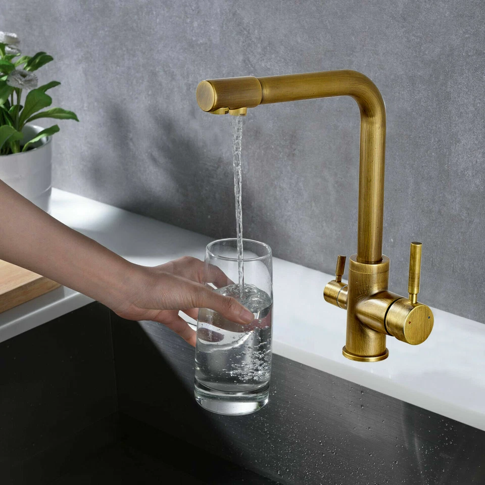 Antique Brass 3 Way Kitchen Filter Mixer Sink Tap 360°Swivel Faucet - Image 3 of 4