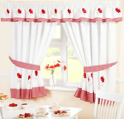 Mohnblumen Gingham rot Küchenvorhänge inkl. kostenloser Raffbänder separat erhältlich