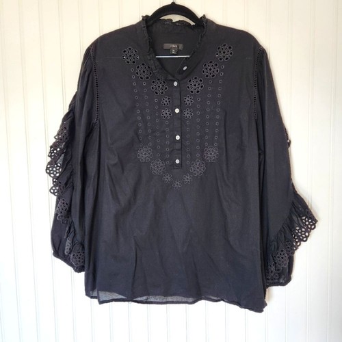 J. CREW Black Ruffle Sleeve Embroidered Eyelet Cotton XL