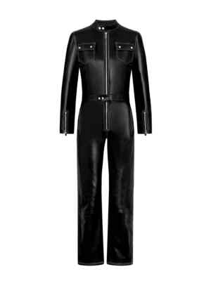 Women Genuine Leather Catsuit Black Leder overall Jumpsuit Sexy