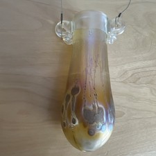 Vintage Robert Coleman Signed Iridescent Double Handle Hanging Art Glass Vase