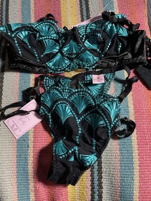 Empress Mimi London Teal Embroidered Bra + Bottom Gift Box Set NWT Size M