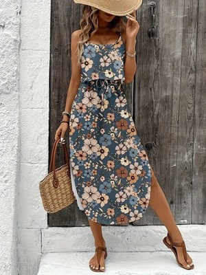 Temu Blue Floral Sundress Dress With Side Slit and Drawstring Waist M | eBay Temu Blue Floral Sundress Dress With Side Slit and Drawstring Waist M | eBay