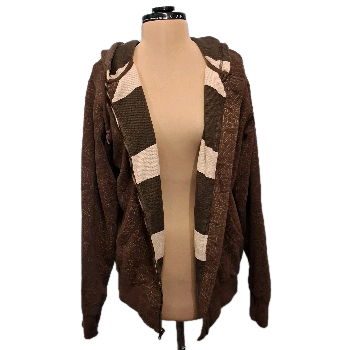Planet Earth Skate Hoodie Mens Sz S Streetwear Thermal Brown Embroidered AOP