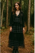 Fab'rik Plaid Tiered Ruffle Tulle Black Maxi Dress Size M Witchy Whimsigoth