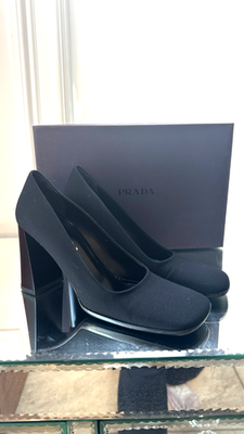 靴 PRADA square toe heels 37 Prada Black Fabric Platform Pumps Sculptural Block Heel Square Toe