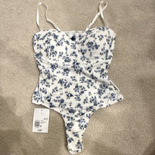 Forever 21 White  Blue Floral One-Piece Bodysuit, Wireless, Adjustable Straps S
