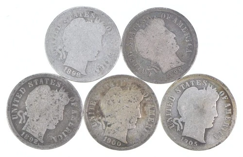Better Lot 5 1898 1898 1892 1900-S 1905-O Barber Dime 0.50 Face *189